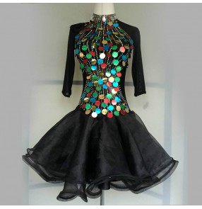 Black rhinestones with colorful sequins glitter women's competition latin dance dresses costumes