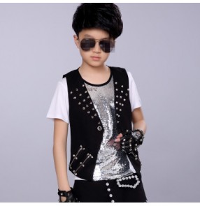 Black rivet fashion boys kids children drummer performance school competition hip hop dance waistcoats vests