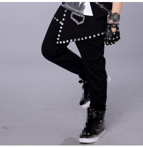 Black rivet fashion boys kids children performance school contest jazz hip hop dance pants trousers 