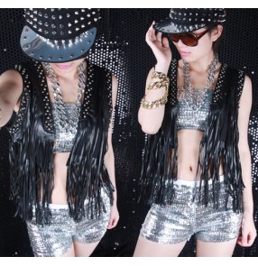 Black rivet patent leather fringes fashion women's girls stage performance hot dance punk rock pole dancing tops vests waistcoat