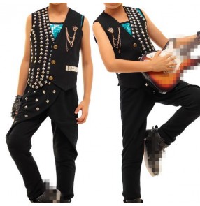 Black rivet turquoise vest fashion boys kids baby children  school hip hop jazz singer ds drummer playing performance dancing outfits costumes