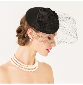 Black rose flowers fashion women's ladies wedding evening party event handmade performance cocktail banquet headdresses pillbox hats fedoras