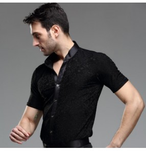 Black rose pattern fashion short sleeves men's male competition latin ballroom dance tops shirts