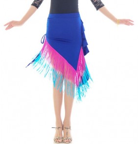 Black royal blue fuchsia patchwork irregular hem fringes sexy fashion girls women's competition latin salsa cha cha dance skirts