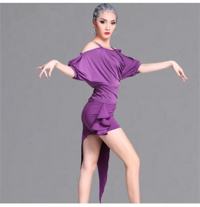 Black royal blue purple sexy oblique skirt hem dew shoulder batwing sleeves competition performance latin salsa dance dresses