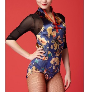 Black royal blue velvet floral printed vintage v neck see through back and sleeves women's latin salsa cha cha dance leotards tops bodysuits