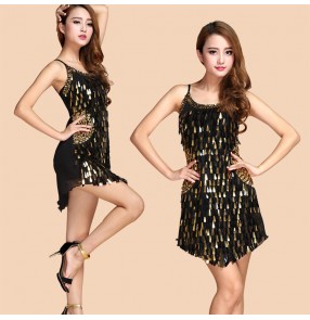 Black sequins fringes tassels girls women's competition latin salsa cha cha dance dresses costumes outfits