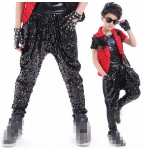 Black sequins paillette glitter boys kids children school catwalk show drummer jazz hip hop competition harem pants