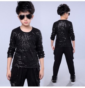 Black Sequins paillette long sleeves t shirt harem pants boys kids children performance hip hop jazz drummer dancing outfits costumes