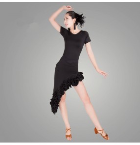 Black sexy short sleeves girls asymmetrical skirt hem  women's cha cha rumba latin dance dresses