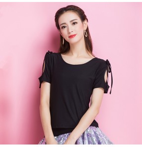 Black short sleeves hollow shoulder lace back patchwork sexy women's girls ballroom salsa rumba latin dance tops