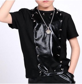 Black short sleeves leather rivet short sleeves boys kids children competition jazz singer hop hop drummer performance t shirts tops