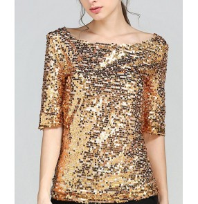 Black silver gold sequins glitter shiny girls women's plus size performance jazz singers dancers dancing t shirts tops