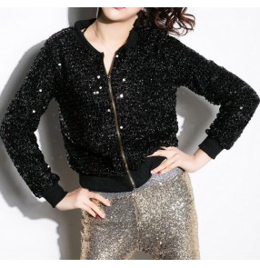 Black silver gold sequins glitter stage performance fashion modern dance school play women's girls night club jazz singer dj hip hop dancing jackets tops 