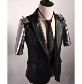 Black silver patchwork rivet fashion men's male short sleeves hip hop punk rock stage night club jazz singers dancers performance dance tops blazers coats