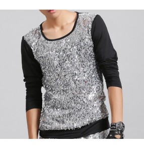 Black silver sequins long sleeves glitter fashion men's male competition stage performance singer jazz dj night club bar punk dancing tops t shirts