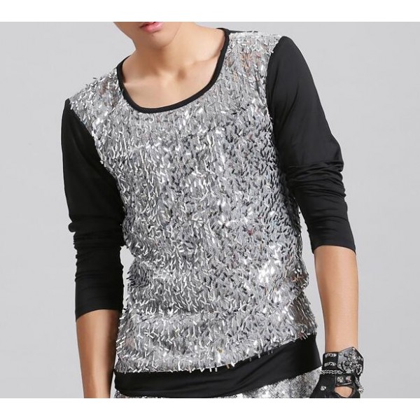 Black silver sequins long sleeves glitter fashion men's male ...