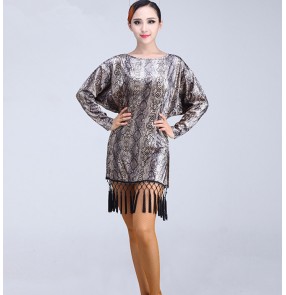 Black snake pattern long sleeves round neck fringes fashion women's ladies competition stage performance latin cha cha salsa dance dresses outfits costumes