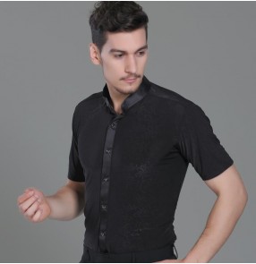 Black stand collar printed short sleeves men's male competition performing latin salsa ballroom dance shirts tops