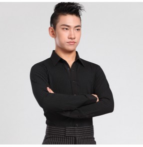 Black striped fashion down collar men's male competition performance latin jive ballroom tango waltz dance shirts tops