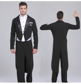 Black tuxedo blazer coat white shirts black long pants 3in1 sets mens' fashion competition stage performance ballroom tango waltz latin dancing outfits costumes sets