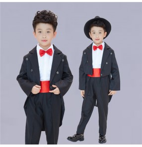 Black tuxedo coats white shirts boys kids children stage performance magician pianist bar club cos play singer dancing outfits costumes