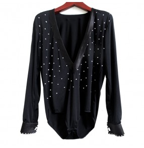 Black v neck rhinestones long sleeves  boys kids children school play stage performance competition leotards shirts tops