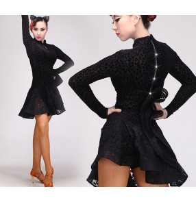 Black velvet leopard sexy fashion long sleeves women's competition professional latin ballroom dance dresses dance outfits