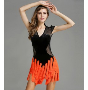 Black velvet mesh orange tassels patchwork fashion women's ladies competition latin salsa cha cha dance dresses outfits