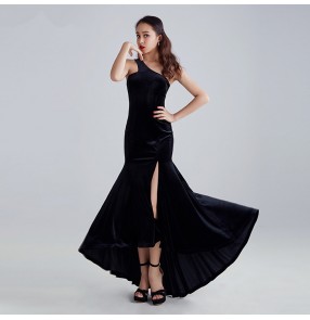 Black velvet one shoulder side split competition women's ladies performance professional latin salsa dance dresses outfits