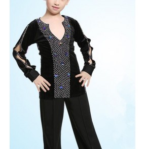 Black velvet rhinestones competition v neck long sleeves boys kids children school play ballroom latin dance tops shirts 