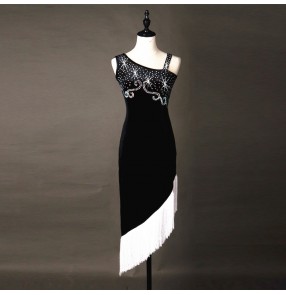 Black velvet rhinestones white fringes one inclined shoulder competition performing latin ballroom salsa dance dresses 