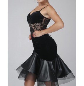 Black velvet satin fish bone hem hollow lace front patchwork mermaid whole sexy fashion women's competition latin salsa cha cha dance dresses for ladies