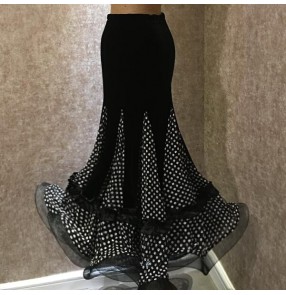 Black velvet satin white polka dot printed patchwork big hem long length women's girls competition performance ballroom dance skirts 