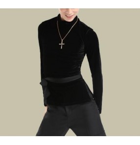 Black velvet turtle neck long sleeves side split men's man male competition stage performance latin ballroom dancing shirts tops