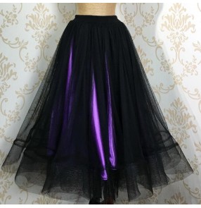 Black violet wine red royal blue two layers tulle patchwork long length women's girls competition exercises ballroom waltz tango dance skirts