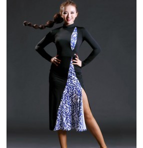 Black white blue printed patchwork long sleeves competition performance professional girls women's latin dance dresses cha cha salsa samba dress