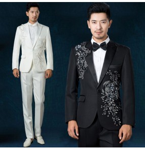 Black white embroidery pattern front men's male stage performance party cos play host singer jazz ds bar club wear  dancing lapel collar blazers pants outfits sets