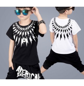 Black white printed summer fashion boys kids children school competition sports casual hip hop dance outfits