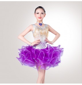 Black white purple fringes diamond girls kids children school competition rhinestones practice latin salsa cha cha dance dresses outfits