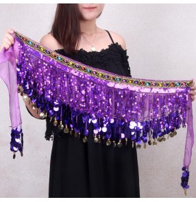 Black white purple violet turquoise orange coins sequins fringes women's belly dance triangle waist belt  band hip scarf skirts