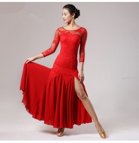 Black white red lace patchwork leotards tops long front split sexy fashion skirts girls women's ballroom tango waltz dance dresses