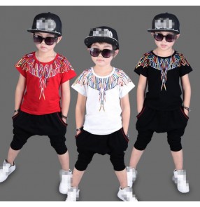 Black white red rainbow printed fashion boys kids children school contest performance hip hop drummer performance outfits