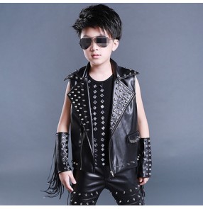 Black white rivet lapel collar fashion boys kids children stage performance drummer competition contest hip hop jazz dance waistcoat vests