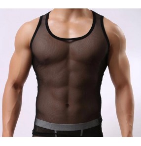 Black white see through mesh sexy men's male  performance night club jazz singers hot dance underwear vests  t shirt tops