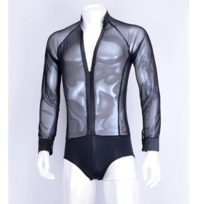 Black white see through sexy men's male competition performance spandex v neck latin ballroom tango dance leotards tops shirts