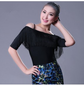 Black white short sleeves dew shoulder fringes sexy fashion women's girls gymnastics exercises competition latin salsa  ballroom dance tops 