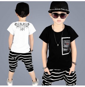 Black white striped fashion boys children competition school performance hip hop jazz dance t shirt harem pants