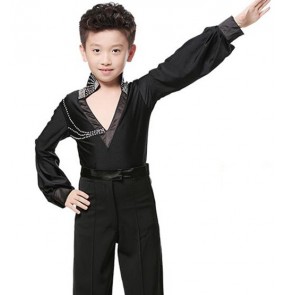 Black white v neck long sleeves spandex rhinestones boys kids children school play competition latin ballroom dance tops shirts