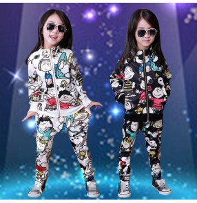 Black white with cartoon printed girls kids children kindergarten stage performance hip hop school play dancing outfits costumes